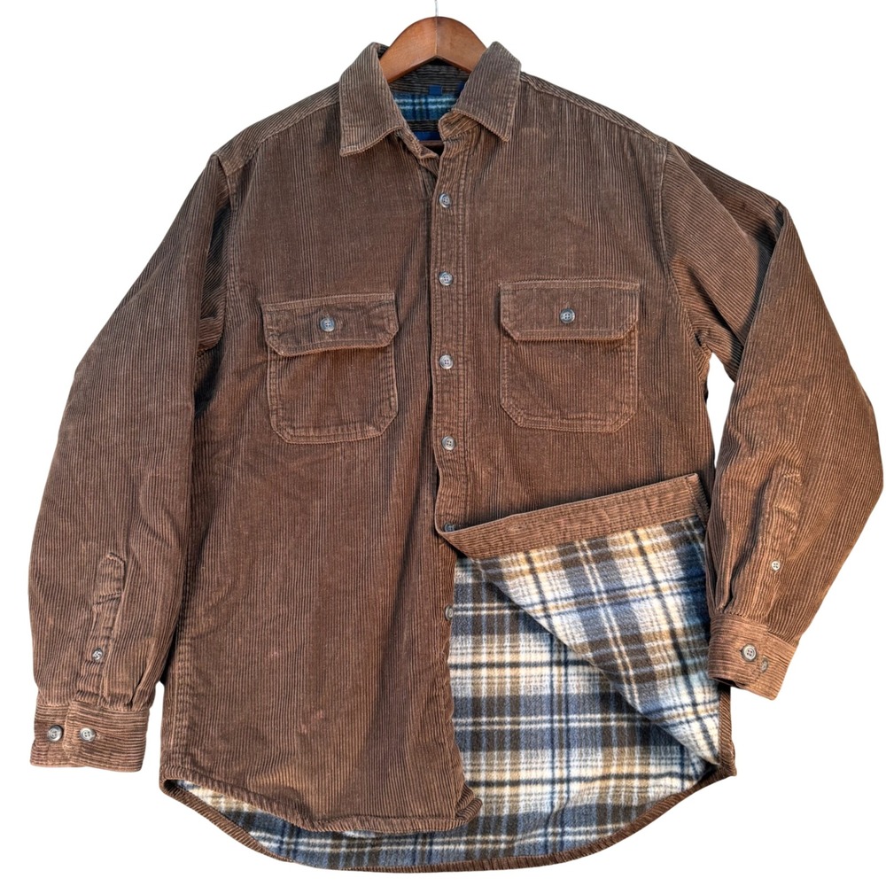 Club Room Mens Brown Corduroy Plaid Fleece Lined Shirt Jacket Medium Heavyweight